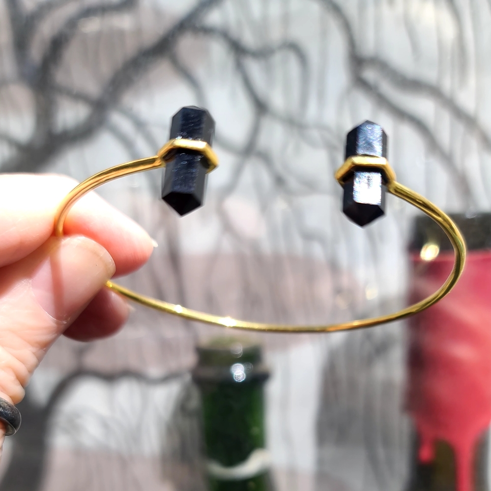 Black Onyx dual points gemstone Sterling &Gold bangle - Picture 6 of 7